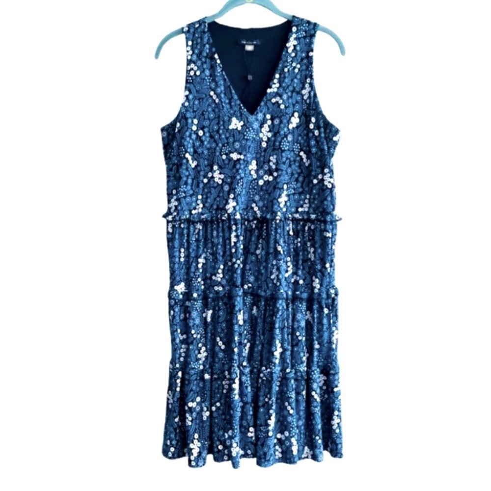 Tommy Hilfiger Tiered V-neck Dress Floral Jersey Shift Blue White Size 6